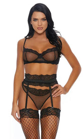 Black Fishnet Three Piece Intimate Set Areous